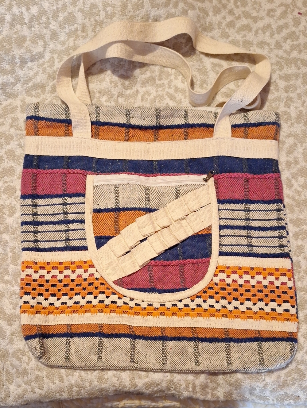 Handwoven Multicolor Cotton Tote Bag - Pink, Blue & Orange